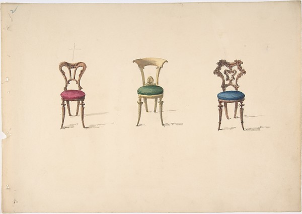 Anonymous, British, 19th century, Design for Three Chairs with Red, Green and Blue Seats