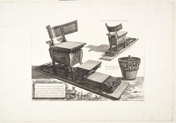 Giovanni Battista Piranesi, To afbildninger af en kurial stol og en marmorvase