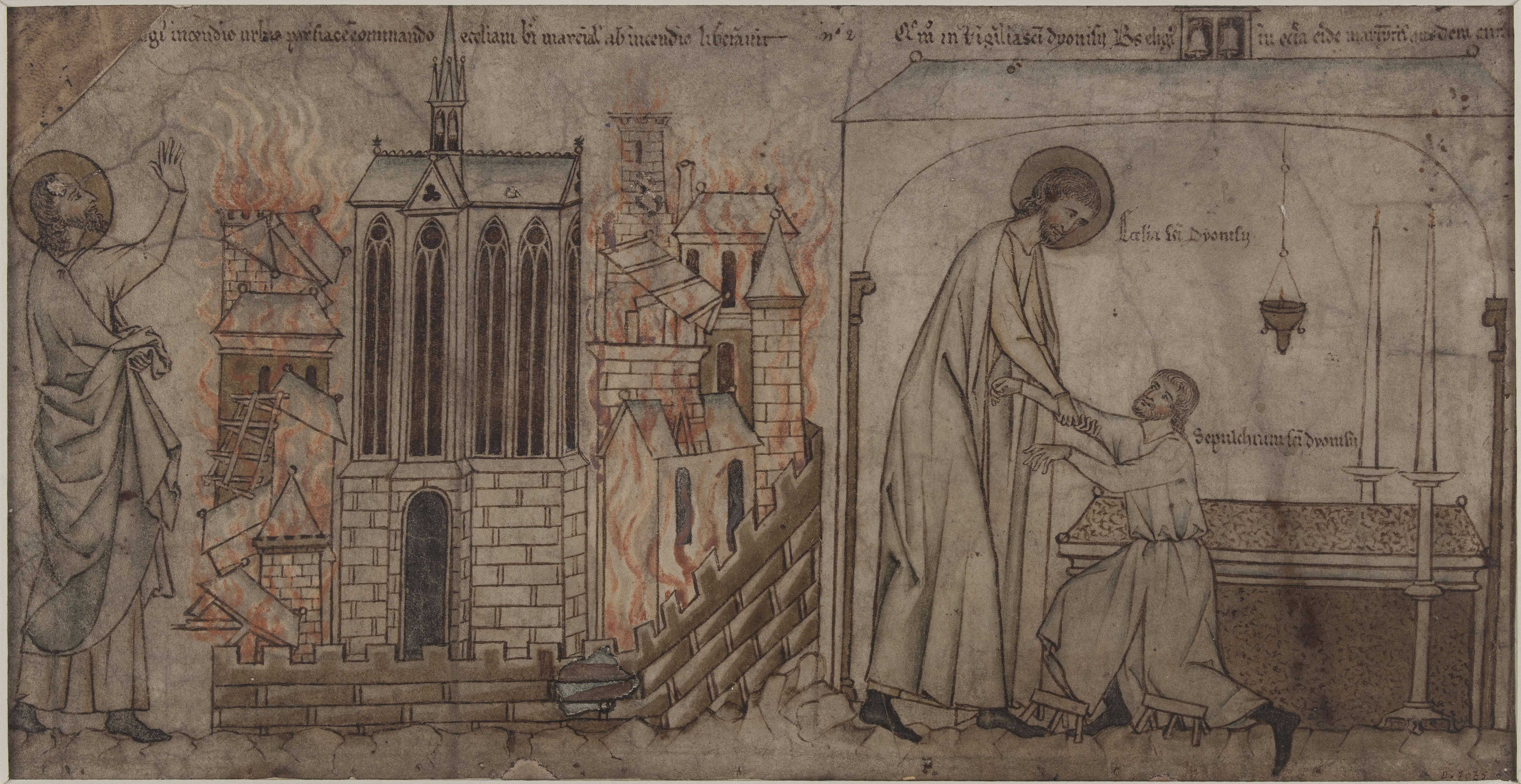 Anonyme, Saint Éloi sauve de l'incendie l'église Saint-Martial, dans l'Île de la Cité. Saint Éloi guérit un paralytique dans l'abbaye de Saint-Denis.