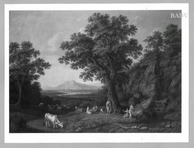 Jacob Philipp Hackert, great heroic arcadic scenery with Apollo, 5 muses and cattle under oak-trees