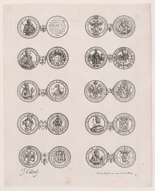 Jacques Callot, Plate 4, Featuring 10 Coins Issued by European Princes in the 16th and 17th centuries, from "Les Monnaies" (The Currencies)
