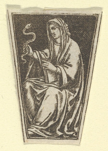 Anonymous, The cardinal virtue of Prudence represented by a seated woman holding a snake in her right hand  (possibly a modern impression)