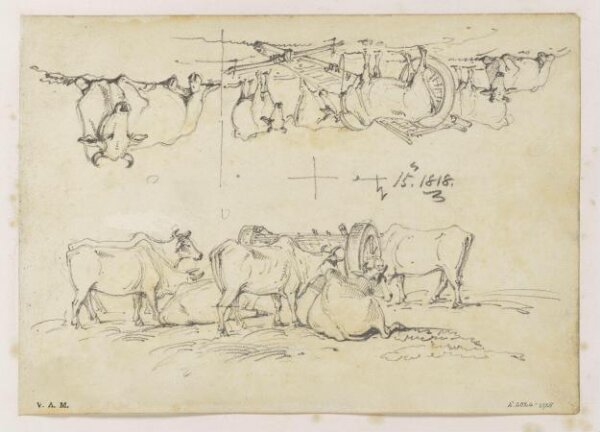 George Chinnery, Two drawings of cattle surrounding a bullock cart