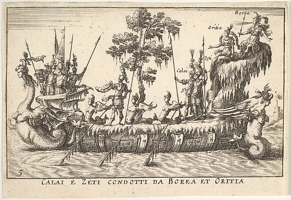 Anonymous, Calais and Zetes led by Boreas and Oreithyia (Calai e Zeti condotti da Borea et Oritia), from "The magnificent pageant on the river Arno in Florence for the marriage of the Grand Duke" (Le Magnifique carousel fait sur le fleuve de l'Arne a Florence, pour le mariage du Grand Duc)