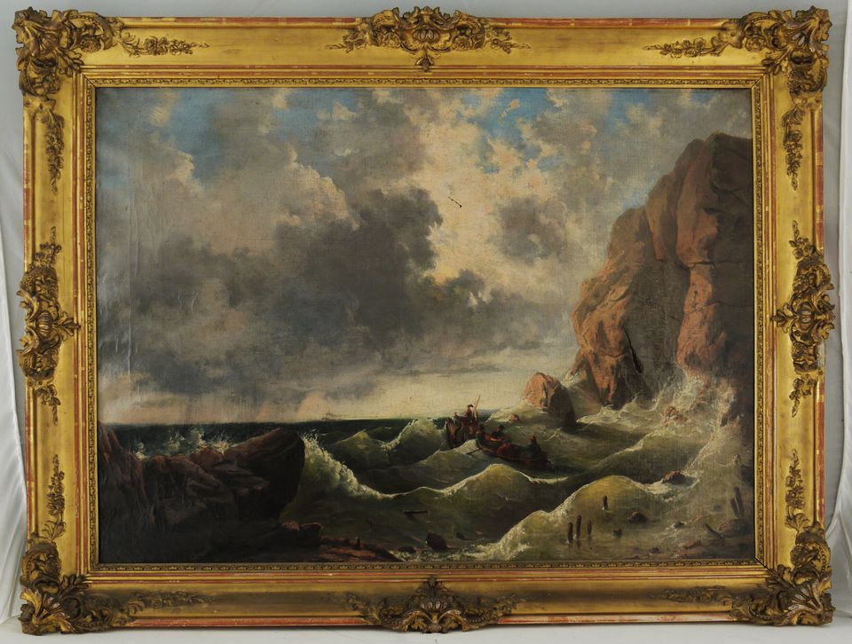 Unknown artist, Schiffbrüchige im Kahn vor Felsenküste