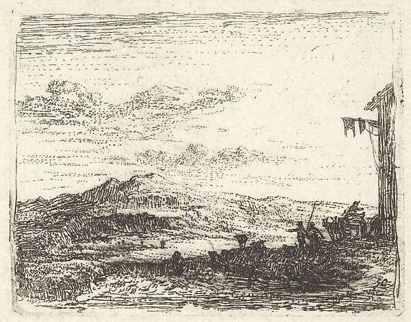 Karel Dujardin, Landscape with corner of building and awning at far right, two figures and a horse-drawn cart are positioned with backs toward the building, a craggy hill beyond, from "The Small Landscapes"