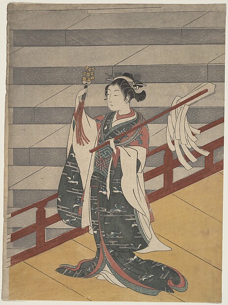 Suzuki Harunobu, Girl on Balcony above Stone Stairway