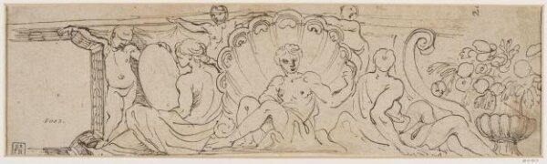 Unknown, Design for a frieze, with reclining figures and standing putti supporting a shell and a cartouche