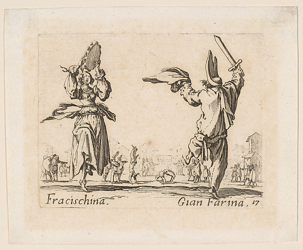Jacques Callot, Fracischina and Gian Farina, plate 17 from "Balli di Sfessania" (Dance of Sfessania)