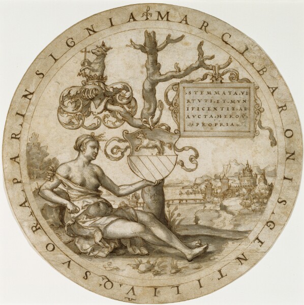 Georg Pencz, Study for a Stained Glass Window with the Coat of Arms of the Barons von Paar (recto); Study for a Sceptre with the Initials MB (verso)