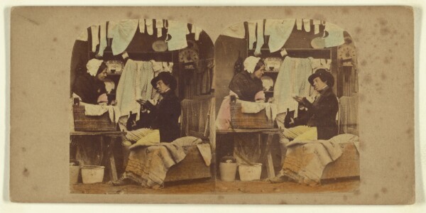 London Stereoscopic and Photographic Company, [Woman washing clothes, man seated holding a bottle, clothes hung up overhead]