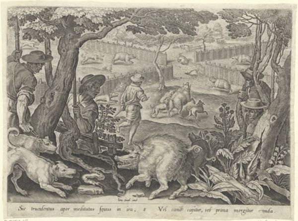 Galle, Philippe, (1537-1612), (printmaker), The hunting parties: Boar drive toward a pit