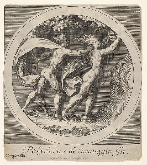 Anonymous, Apollo pursuing Daphne, whose toes take the form of tree roots, a round composition, reverse copy after a series of engravings by Cherubino Alberti of mythological scenes after Polidoro da Caravaggio