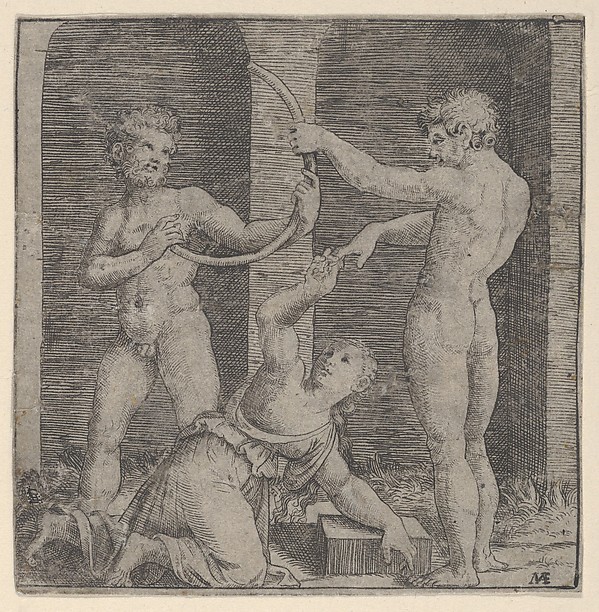 Marcantonio Raimondi, A woman kneeling at centre reaching up with her right hand to place a ring on the finger of a naked man holding a curved stick that is also held by another man at left