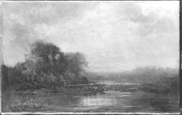 Eduard Schleich the Elder, Landschaft mit Kühen am Wasser
