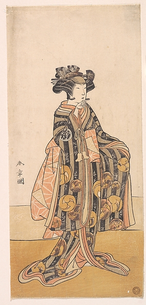 Katsukawa Shunshō　勝川春章, Yoshizawa Iroha as a Woman (Tomoe Gozen?) Standing on the Bank