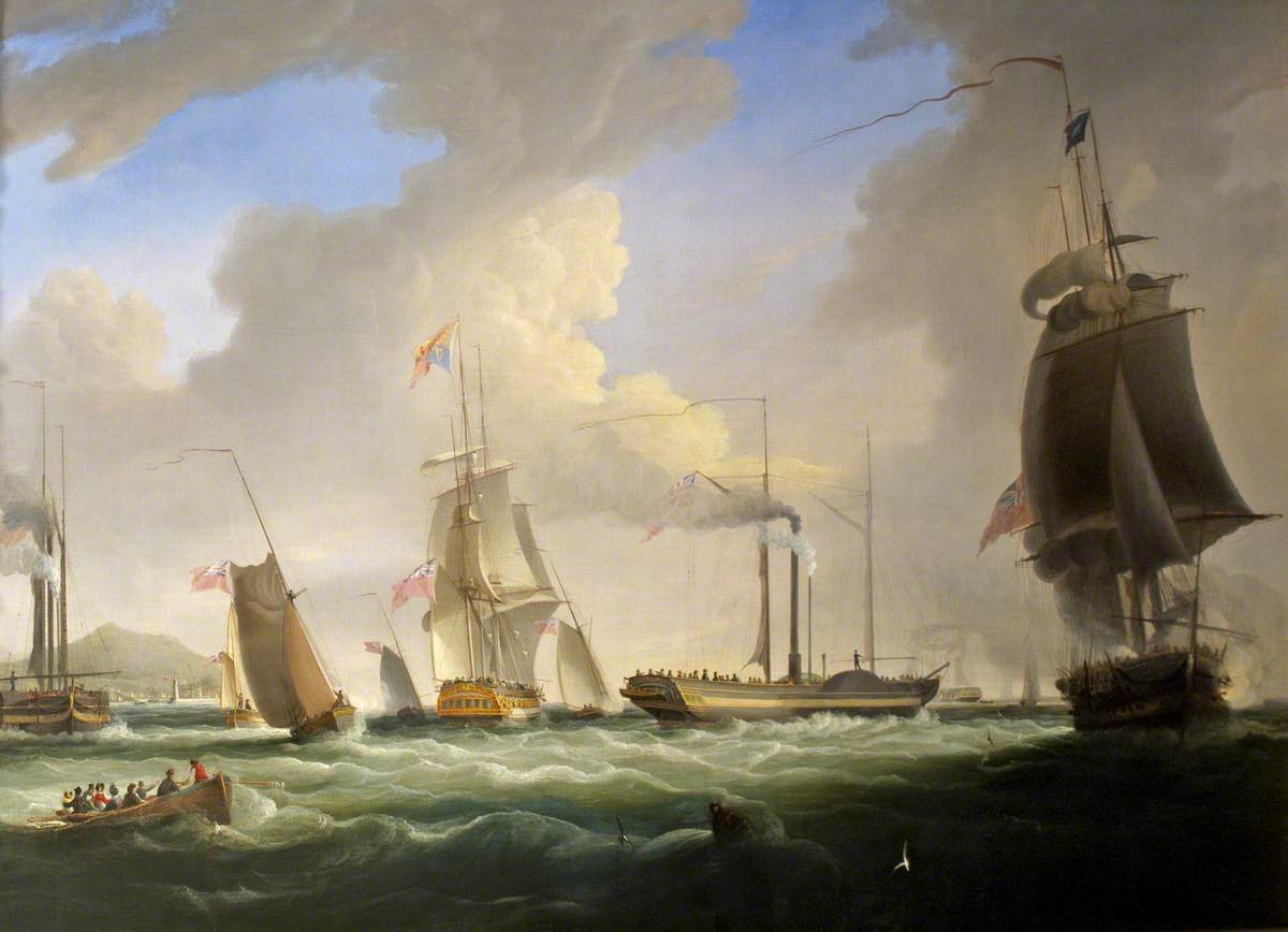 William John Huggins, George IV on board the 'Lightning', the first Post Office Steam Packet to Dublin, 12 August 1821