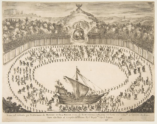 Stefano della Bella, Parade float in the form of a ship, coat of arms of the Grand Duke of Modena at top