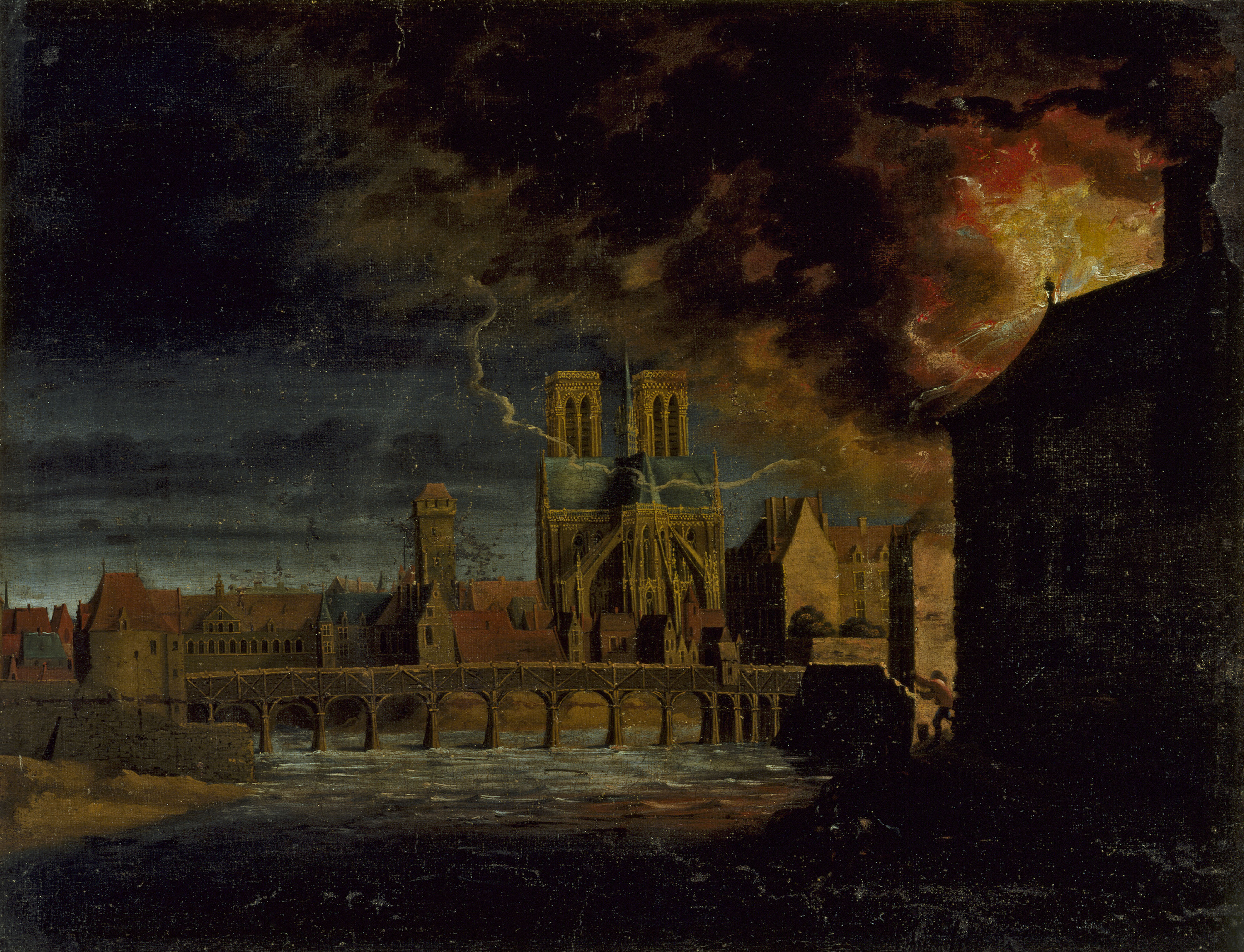 Anonyme, Le chevet de Notre-Dame, le pont de la Tournelle et l'île Saint-Louis, durant un incendie