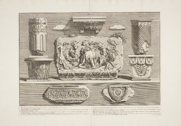 Giovanni Battista Piranesi, Fragmenter af søjler, friser og kapitæler i marmor, fra Orti Farnesiani mm.