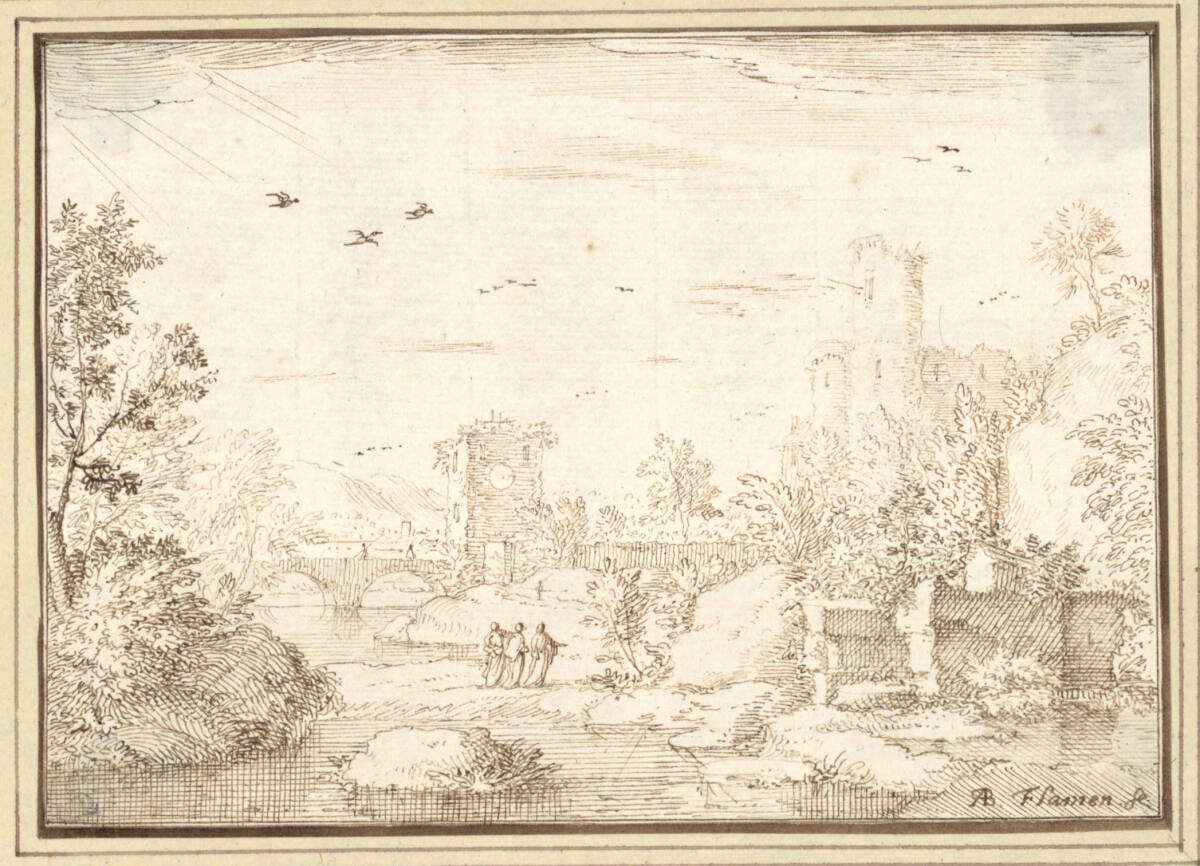 AlbertFlamen, Südliche Flußlandschaft mit Turmruinen, einer Steinbrücke und drei Figuren (II-22)