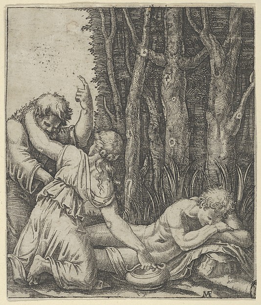 Marcantonio Raimondi, Man sleeping at the edge of a wood with a woman knealing at his side with one hand on a pot and the other on the shoulder of an old man who gestures with left hand towards the sky