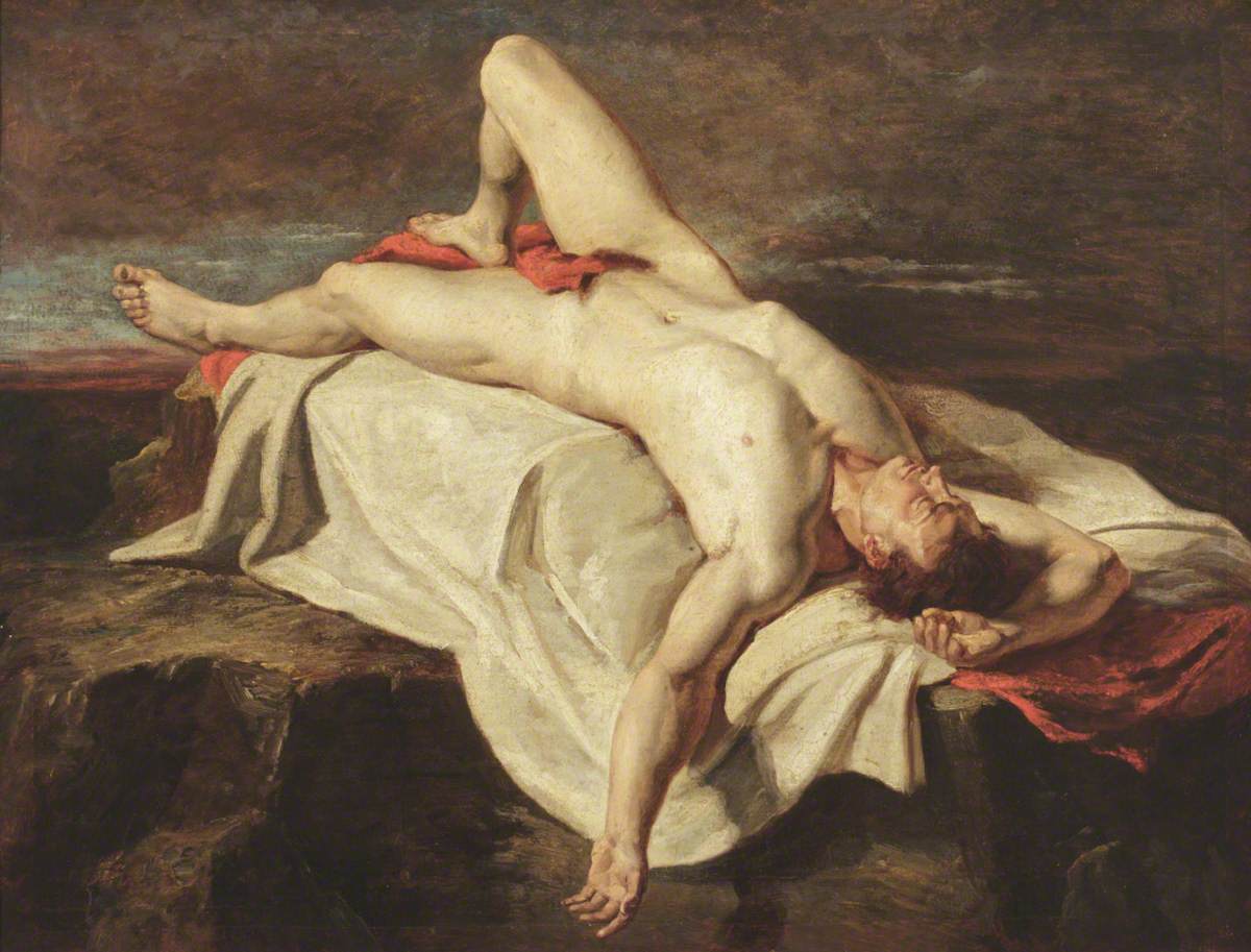 William Etty, Academic Study of a Male Nude lying on a Shroud on Rocks