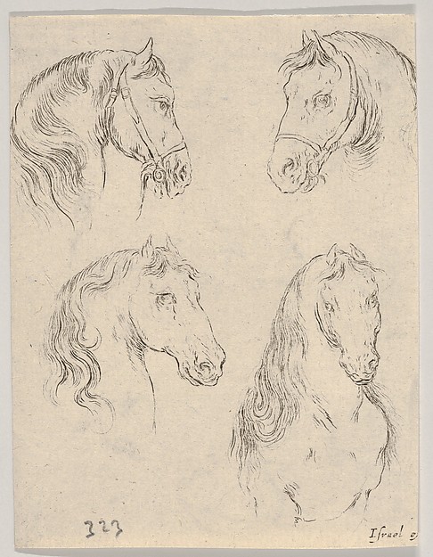 Stefano della Bella, Plate 16: Four studies of horse heads, from "Various heads and figures" (Diverses têtes et figures)