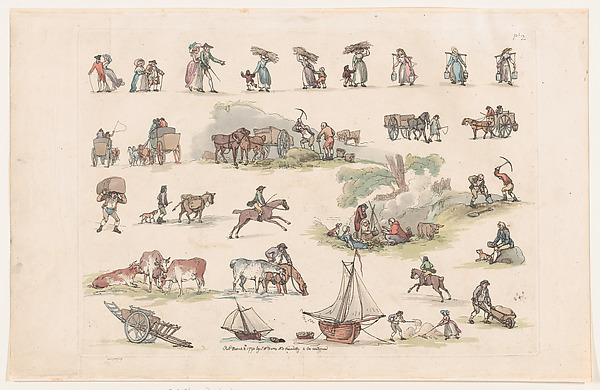Thomas Rowlandson, Plate 2, Outlines of Figures, Landscapes and Cattle...for the Use of Learners