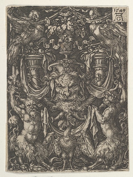 Heinrich Aldegrever, Ornamental Design with a Mask and an Eagle between Two Fauns below