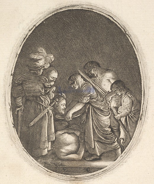 Hendrick Goudt, Salome receiving the head of John the Baptist, surrounded by three men and a child bearing a torch, the Baptist's body lies on the ground