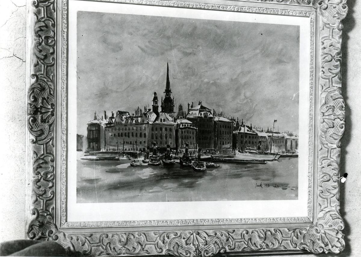 Karl (K. A.) Ransell, Skeppsbron vid Slussen. Oljemålning signerat: Jerke 1931, Stockholm.