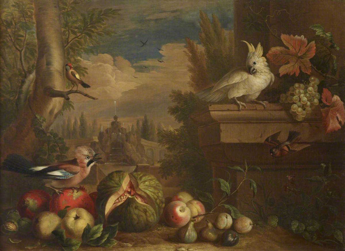Jakob Bogdani, Birds and Fruit in a Landscape with a Fountain in the background