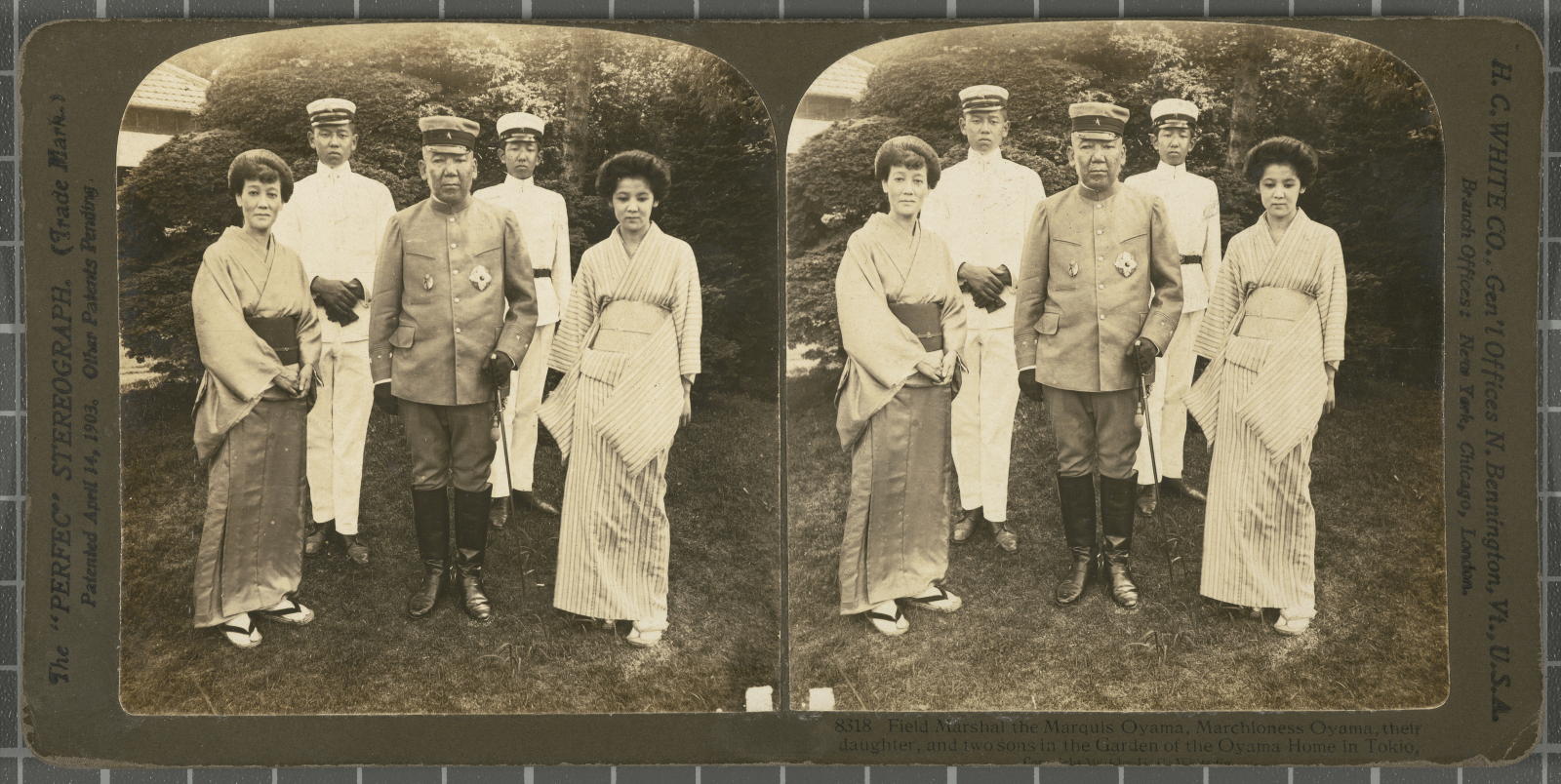 Desconegut, Field Marshal the Marquis Oyama, Marchioness Oyama, their daughter, and two sons in the Garden of the Oyama Home in Tokio. White, H.C. & Co., The "Perfec" Stereograph