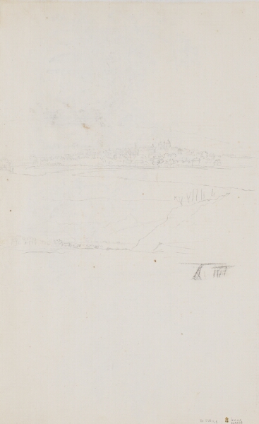 Jens Juel, To landskabsudkast, øverst Genève, set fra Eaux Vives, nederst et bjerglandskab, samt fødderne af en spaserende herre