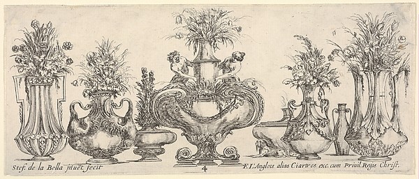 Stefano della Bella, Eight vases, the largest one in center with sculptures of a nymph and a faun, plate 4 from "Collection of Various Vases" (Raccolta di Vasi Diversi)