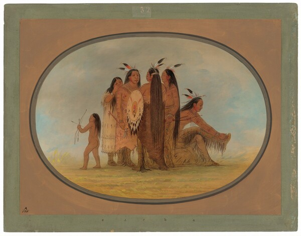 George Catlin, Four Mandan Warriors, a Girl, and a Boy