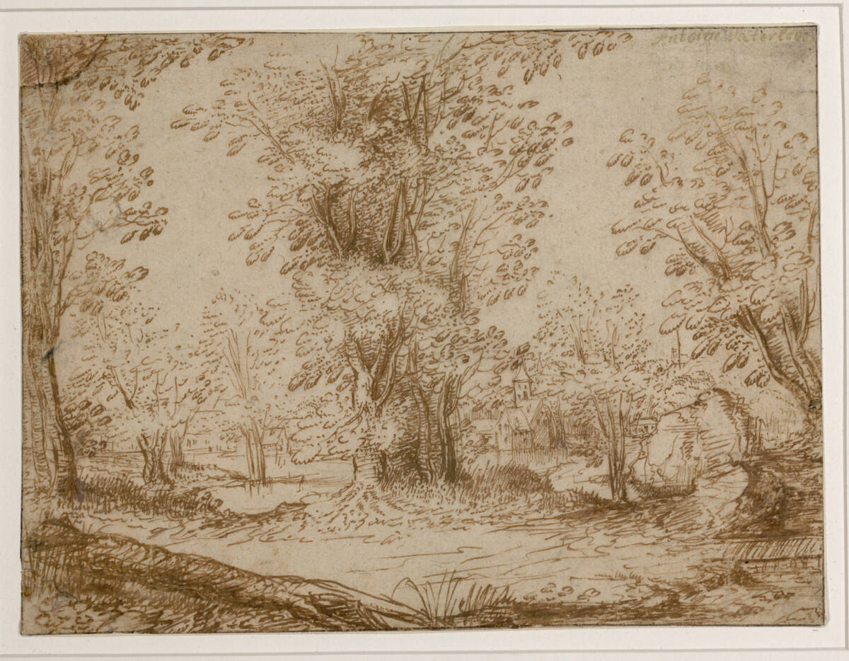 Anonym, Weite Baumlandschaft mit Weg und Häusern an einem Weiher