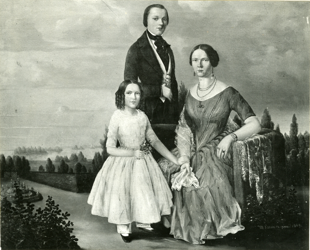 Okänd fotograf, Familjegrupp i landskap. Oljemålning 1849. Storlek 55,5 x 68 cm.