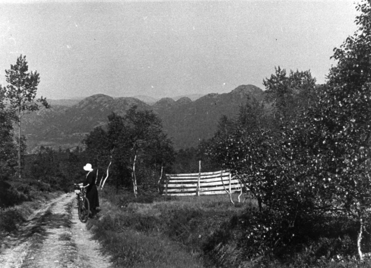 Anna Grostøl, Landskap. Kvinne med sykkel på en vei, Heiene på veien til Eftestø.Fjotland,l Kvinesdal 1941.