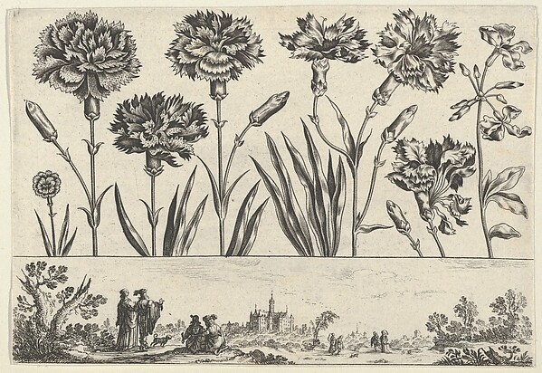 Nicolas Cochin, Horizontal Panel with a Row of Flowers Above a Frieze with Figures in a Landscape, from "Livre Nouveau de Fleurs Tres-Util"