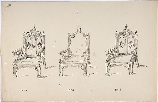 Anonymous, British, 19th century, Design for Three Low Gothic Style Arm Chairs