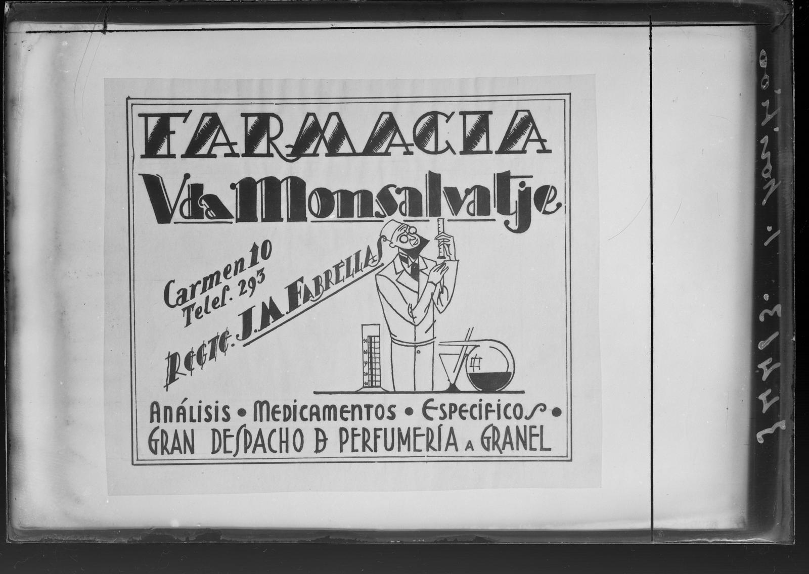 Desconegut, [Cartell publicitari de la farmpacia Vda. Montsalvatge]