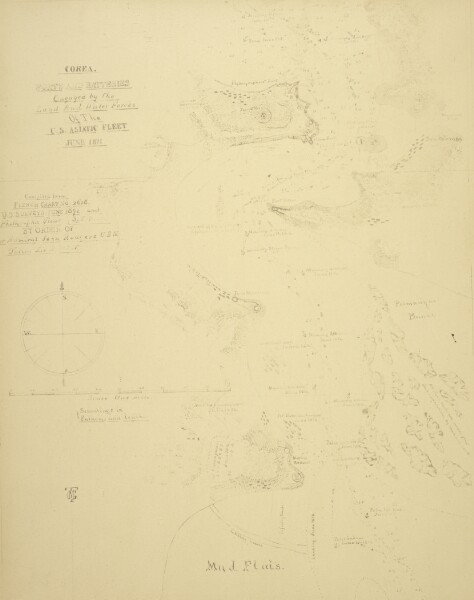 Felice Beato, Map of Korea "Forts and Batteries engaged by the Land and Water forces of the C.S. Asiatic Fleet June 1871"