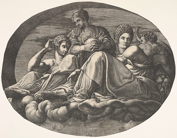 Giorgio Ghisi, Juno and two goddesses reclining on clouds with two child figures and fruits at right, an oval composition, from a series of eight compositions after Francesco Primaticcio's designs for the ceiling of the Ulysses Gallery (destroyed 1738-39) at Fontainebleau