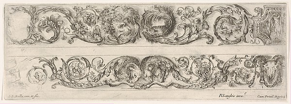Stefano della Bella, Two Frieze Designs with Acanthus Scrolls combined with a Lion and Eagle on top and Two Rams below, plate 5 from "Decorative friezes and foliage" (Ornamenti di fregi e fogliami)