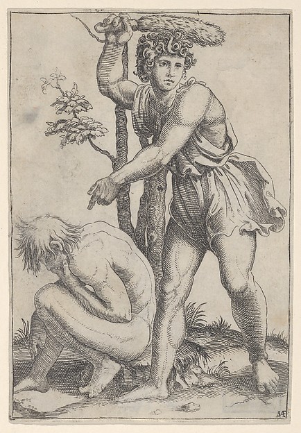 Marcantonio Raimondi, The seated naked man at left being beaten with a fox's tail