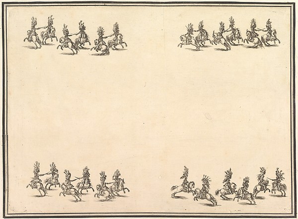 Stefano della Bella, Twenty-four riders dueling with swords in four groups, with two groups in lines at the top and bottom of the page, from "La gara delle Stagioni"