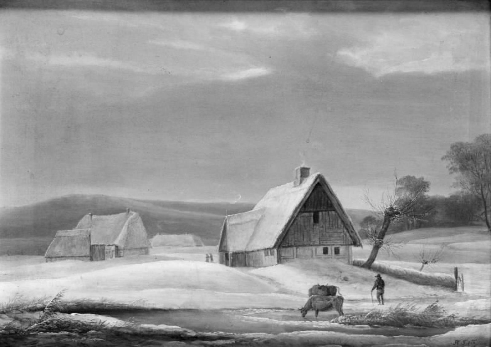 F.M.E. Fabritius de Tengnagel, Vinterlandskab med to gårde ved en tilfrossen å