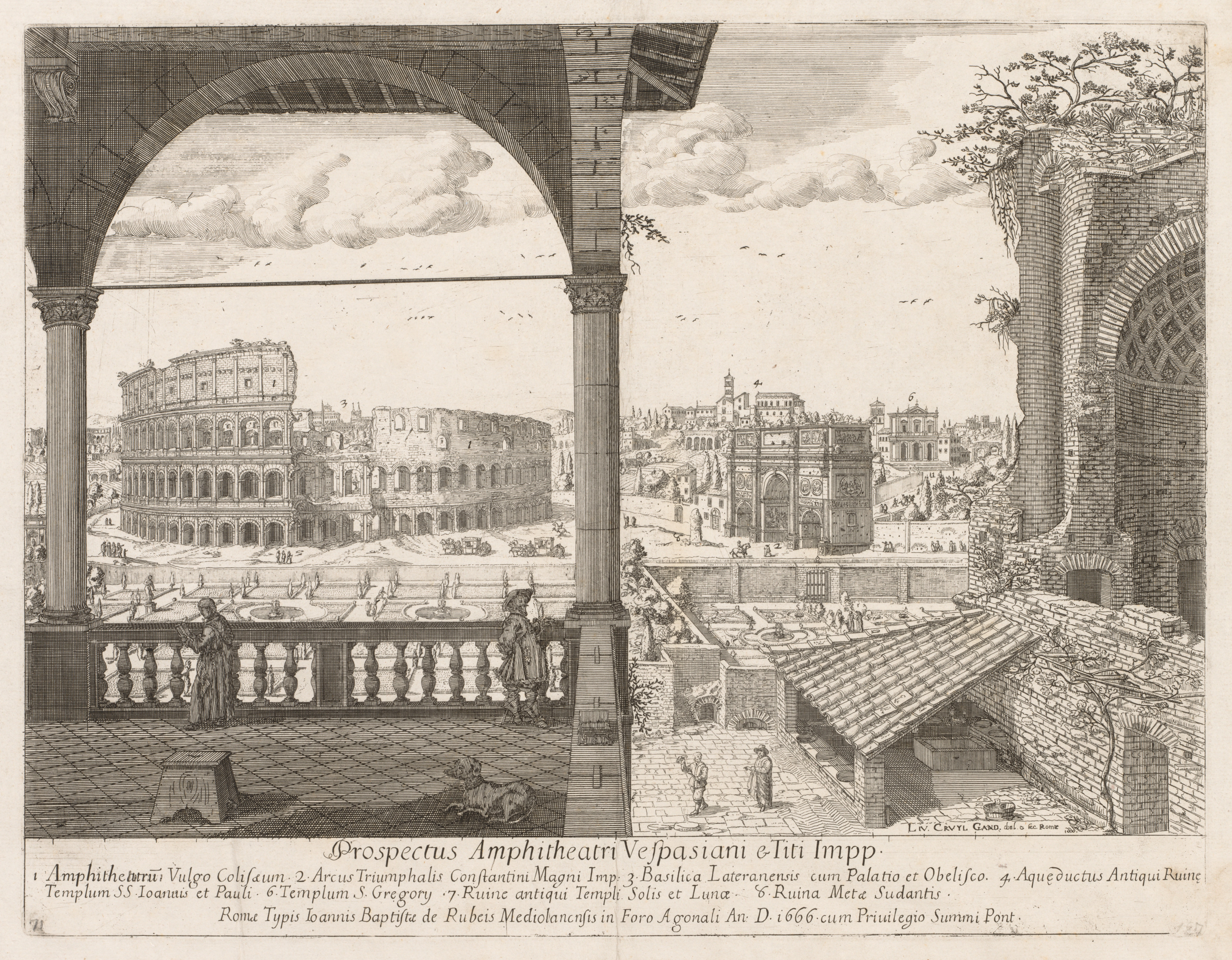 Lievin Cruyl, Il Colosseo e l'Arco di Costantino from "Prospectus Locurum Urbis Romae Insign[ium]"